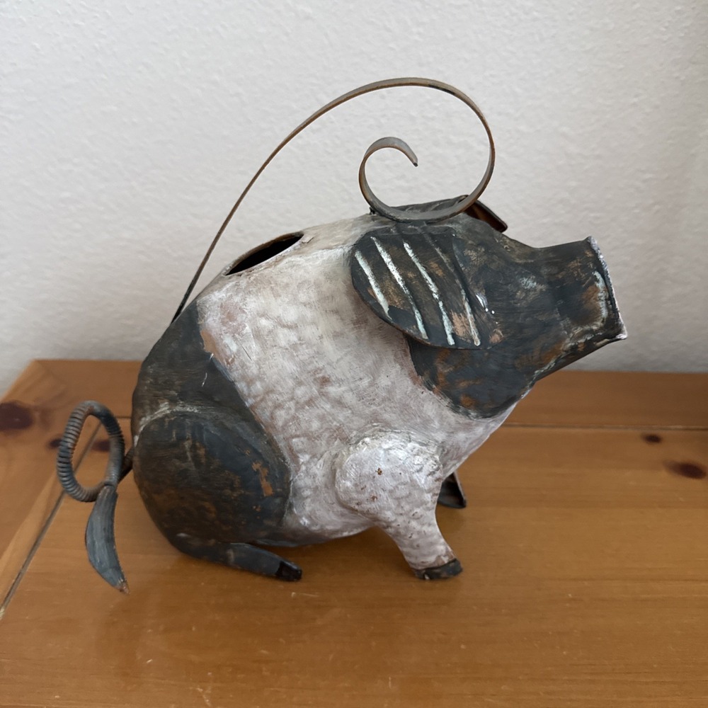 Hammered Metal Pig Watering Can 9.5" Tall Folk Art Country Farmhouse